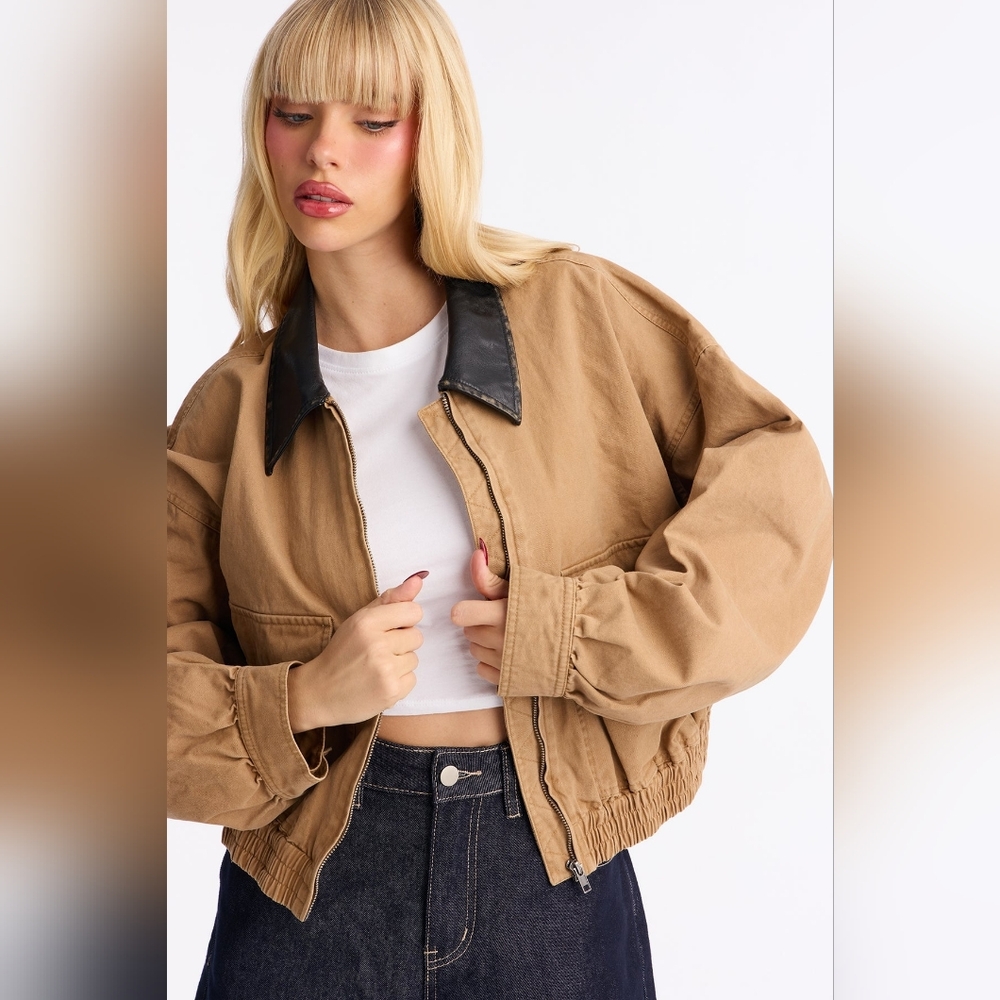 Fashion Nova RORY Cropped Cargo Jacket KHAKI Leather Collar